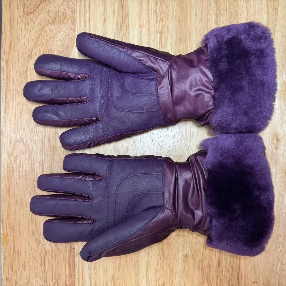UGG Purple Leather Palm Shearling Trim Winter Gloves Womens S/M